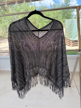 Boho Charcoal Grey Open Knit V-Neck Fringe Poncho Top